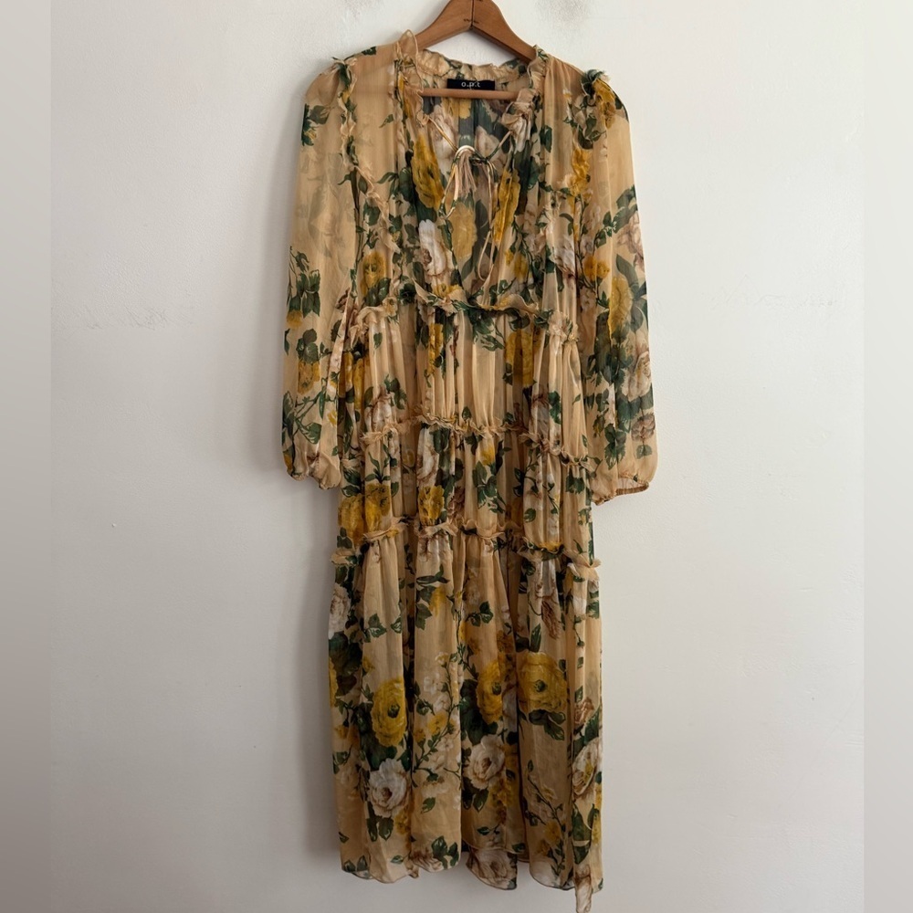 OPT Selena Dress Beige Floral Chiffon Sheer Midi Dress size S